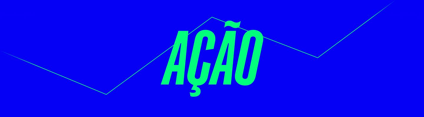 Ilustração de uma frase escrita 'Ação' em fundo azul.