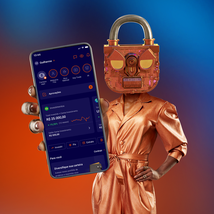 Personagem da campanha perfis Rico segurando celular com a conta digital Rico na tela