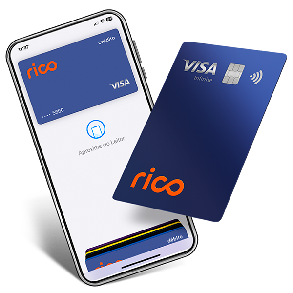 Cartão de crédito Rico Visa sendo usado por aproximação com aplicativo no celular
