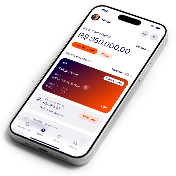 Aplicativo da Rico exibindo cartão de crédito digital com informações de limite e gastos