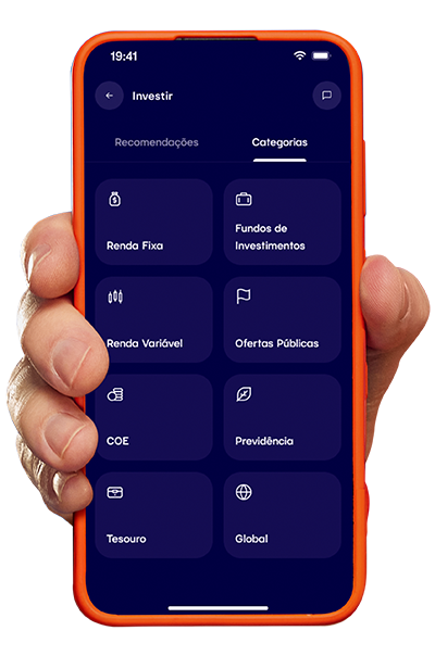 Aplicativo da Rico com menu de investimentos incluindo renda fixa, fundos e ações